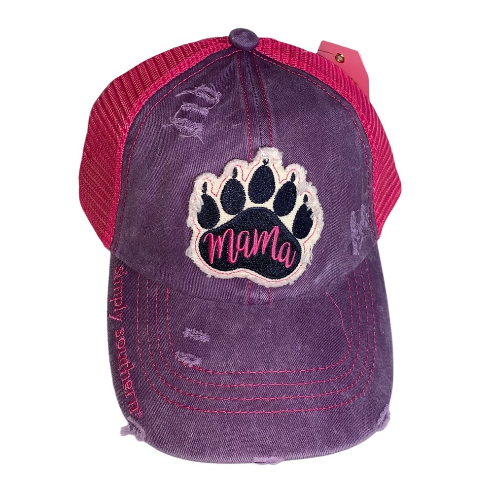 NWT Simply Southern pink & purple mama paw distressed Criss cross trucker hat